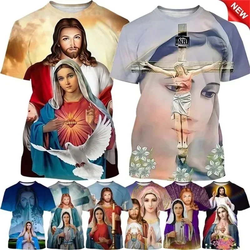 Men Jesus Loves Casual Crew Neck Tee Tops Short Sleeve Christian Mother Of God Virgin Mary T-Shirt For Men Oversized Tshirt