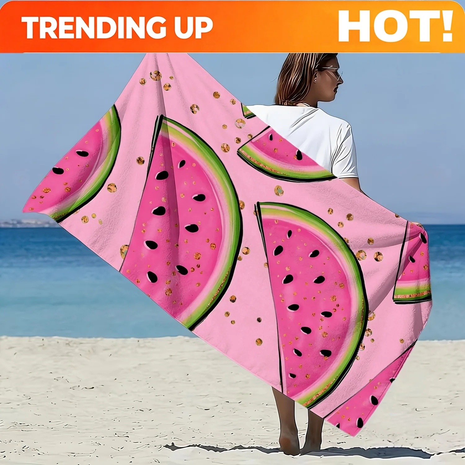 Customize 1pc, Fresh Fruit Style Extra Large Soft Beach Towel, Watermelon Print Pattern, Ultra-Fine Fiber Bath Towel, Quick-Dryi