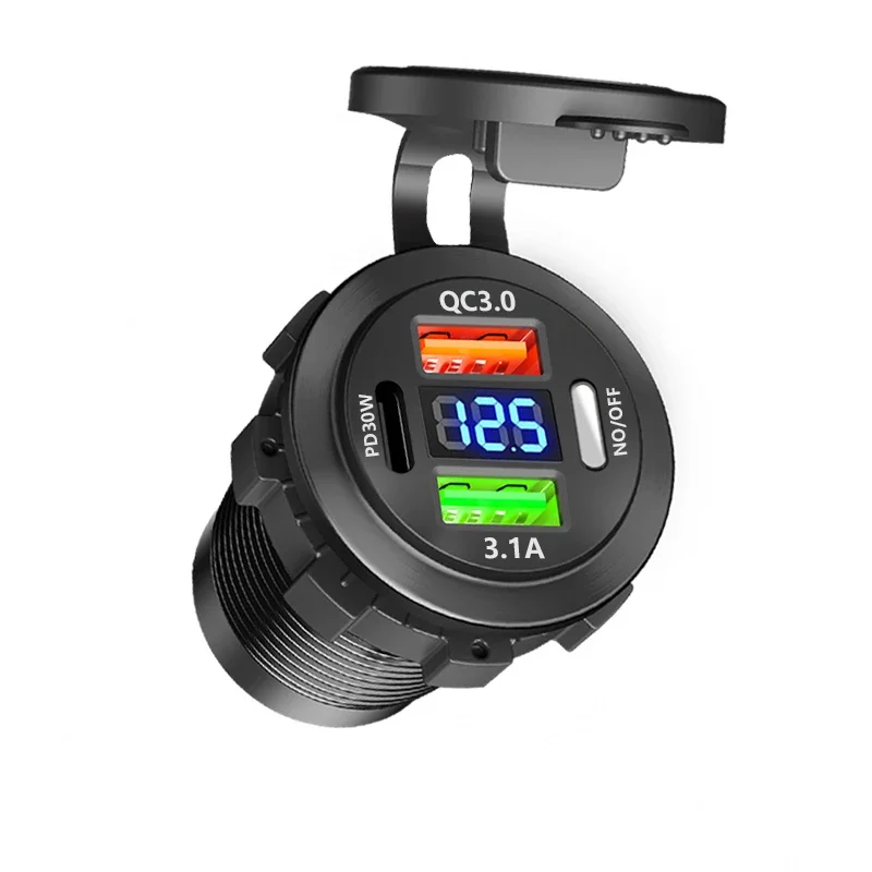 New Car USB Charger PD3.0 & QC3.0 Fast Charging Socket with Voltmeter On/Off Switch 12/24V For Motorcycle Boat Auto Accessories