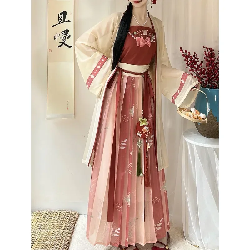 Song Dynasty Red Lingxiao Flower Embroidered Hanfu Dress Suit Robe Sling Skirt Female Chinese Style Masquerade Role Play Costume