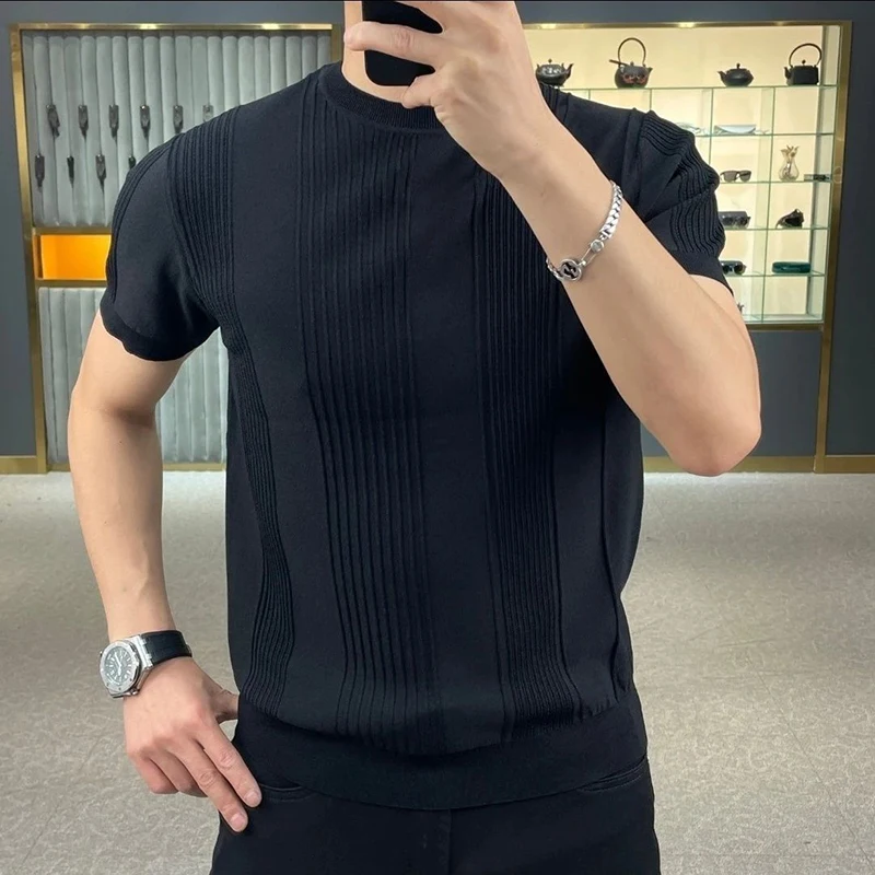 Summer Striped Short Sleeve O Neck Men Knitted T Shirts Solid Color Fashion Casual 2xl Oversized Clothing Top Business Daily Gym