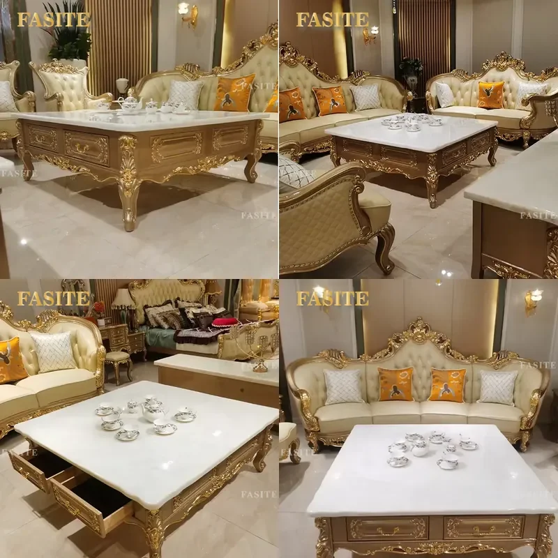 For Luxury Classical Living Room Solid Wood Frame White Marble Top Tea Coffee Table Set With Drawer Cabinet Furniture