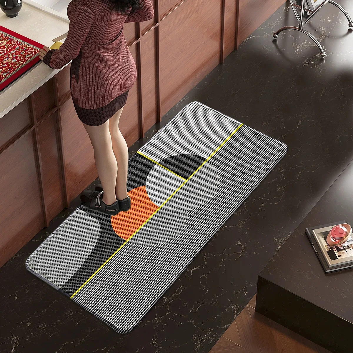 A Memphis Geometric Color-Blocked Striped Kitchen Runner Rug, Comfortable Non-Slip Long Entryway Mat