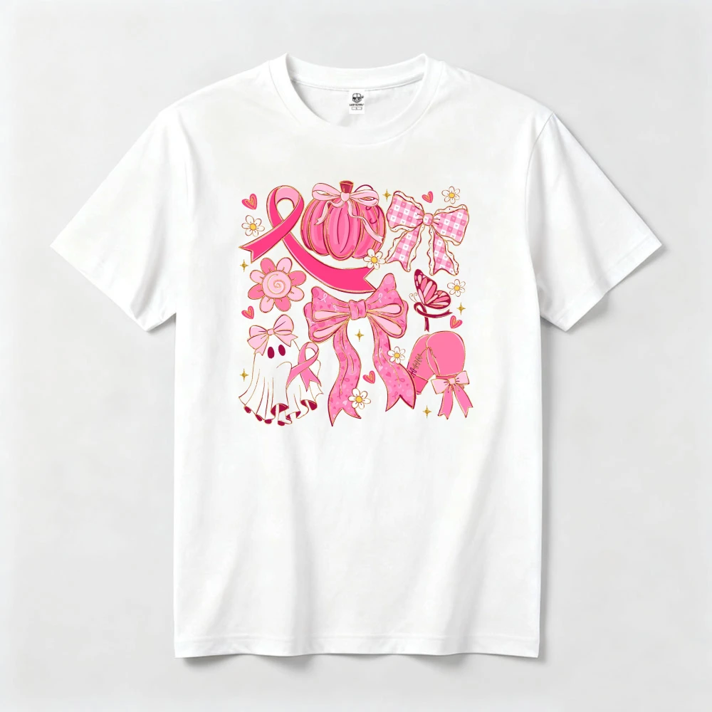 Cute Pink Ghost Pumpkin T Shirt Women Halloween Bow Graphic Tee Breast Cancer Awareness Support Top Party Trick T Shirt