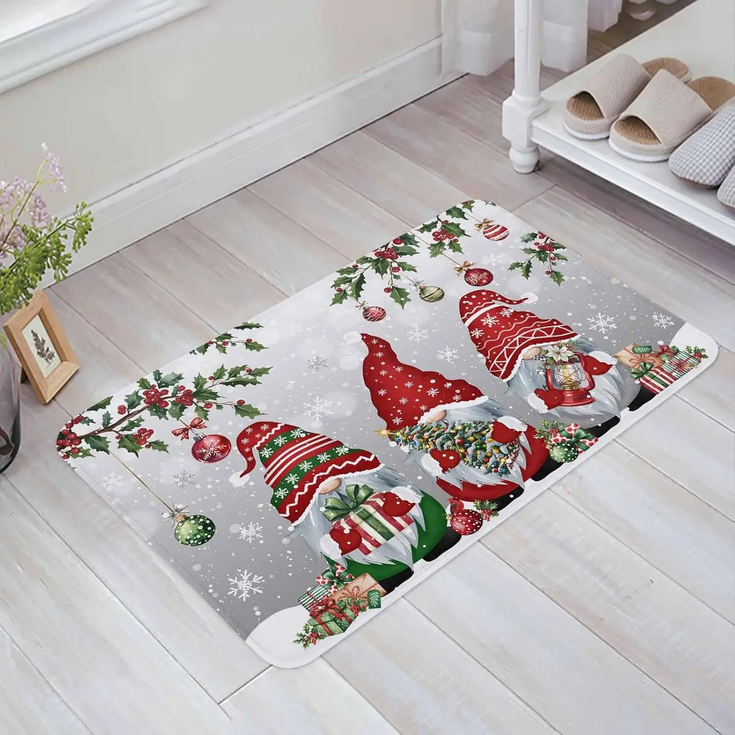 Christmas Gnomes Holly Berries Snowflake Door Mat Decor Kitchen Corridor Balcony Rugs Bedroom Beside Foot Mat Christmas Decor