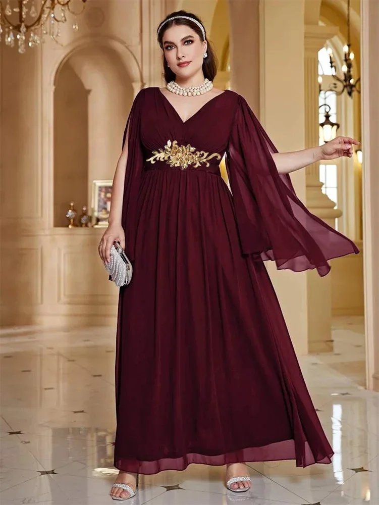 S-7xl scollo a v scialle multistrato Chiffon matrimonio bordeaux abito da sera allentato signore banchetto damigella d'onore Plus Size abito da sera