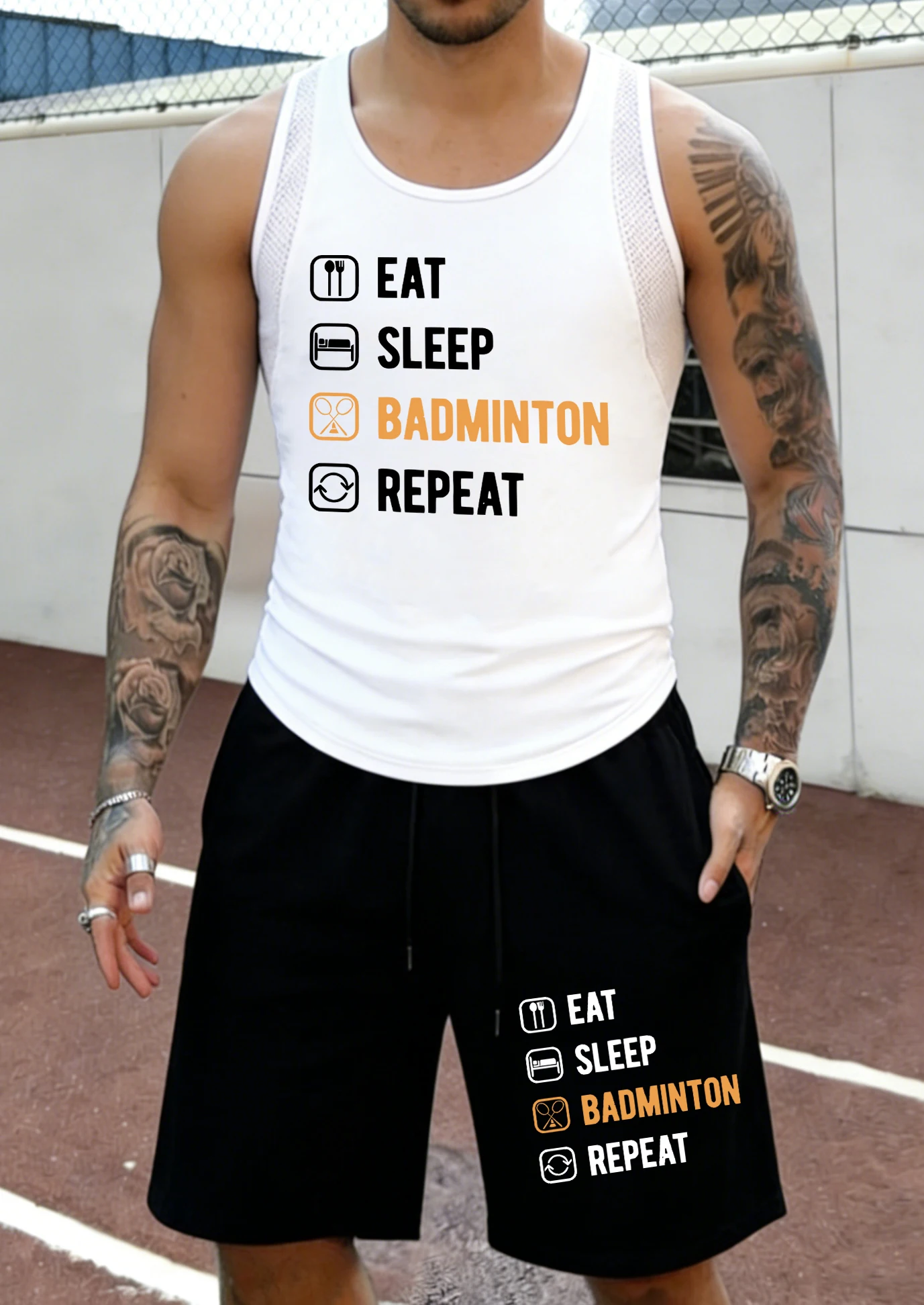 Eat, Sleep And Repeat Play Badminton Print Mens Summer Mesh Comfy Sleeveless Sets Casual Gym Tank Top Daily Drawstring Shorts