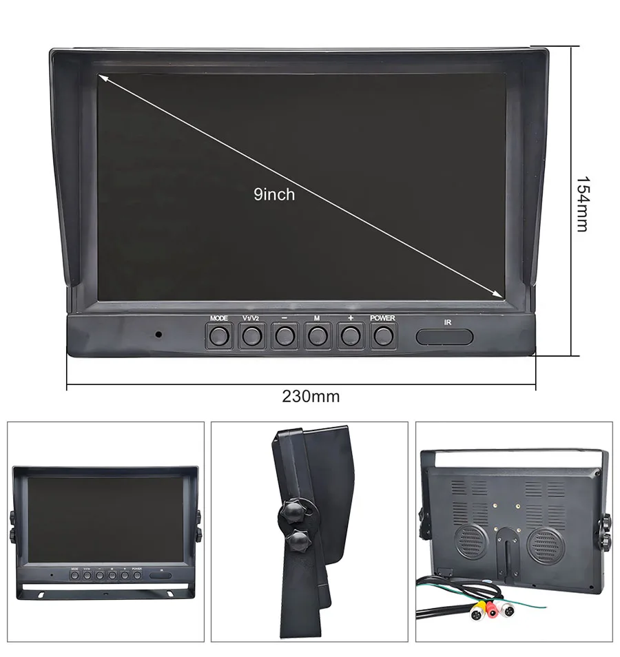 DIYKIT 9inch AHD IPS LCD HD Monitor Rear View Car Monitor Max Support 1080P AHD CVBS Car Camera 4PIN Video Input