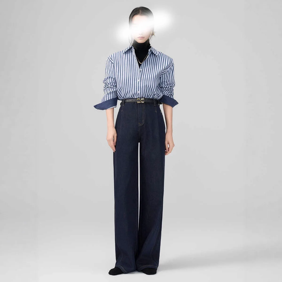 

Многослойная рубашка в прямую полоску с высокой талией в стиле ретро, осенний комплект из двух предметов, брюки, синие широкие джинсы с драгоценными камнями