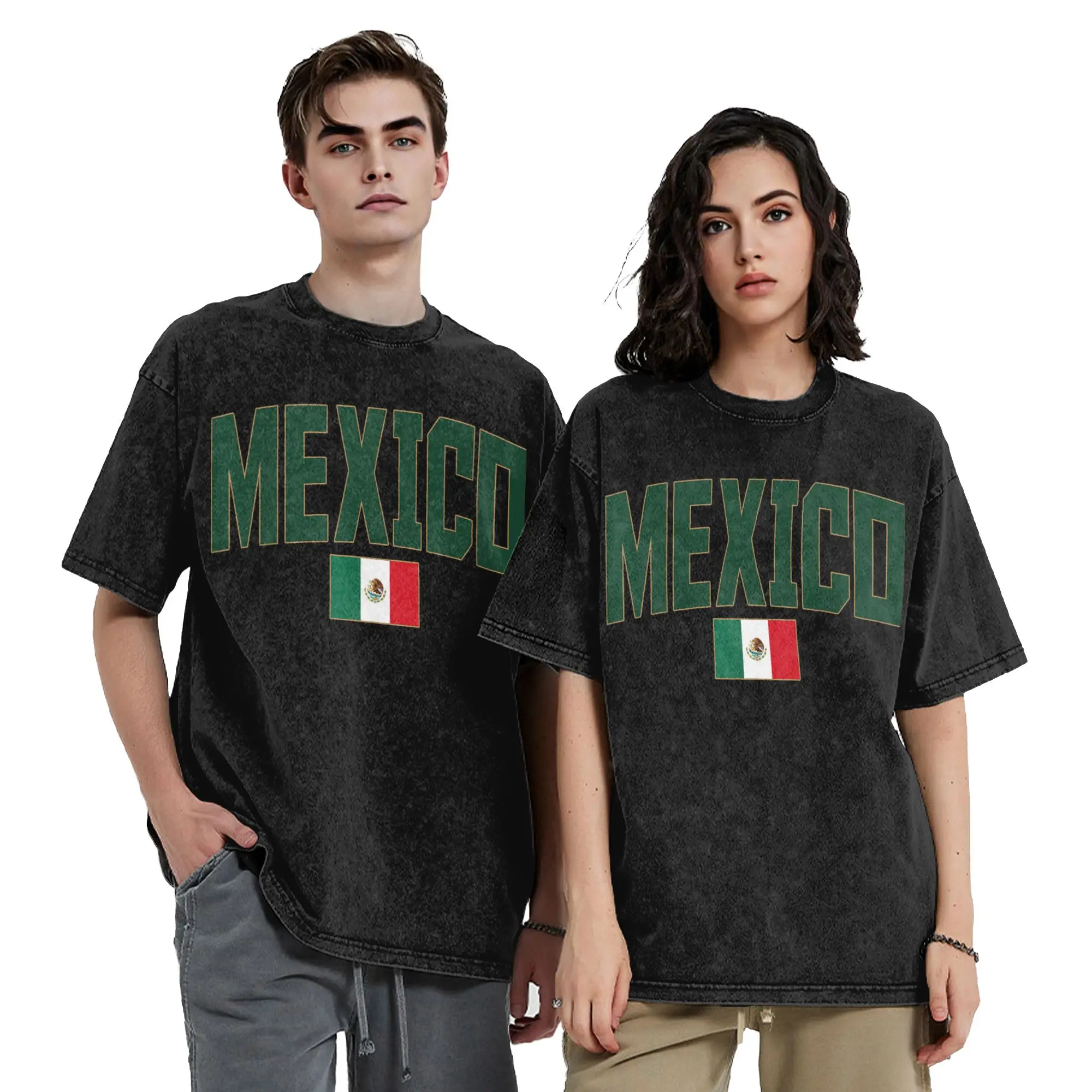 Mexico National Pride Flag Mexican Soccer Fan T Shirts Hip Hop Washed High Street T-Shirts for Men Women Tops Streetwear Summer