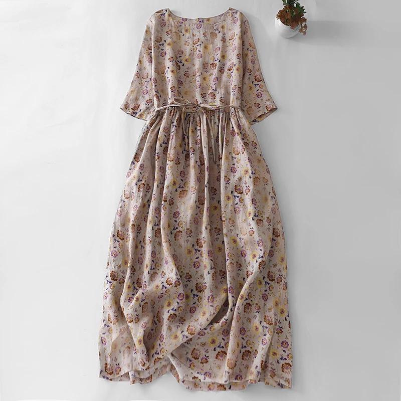 

Summer Breathable Loose Pink Cotton Linen Floral O-neck Short Sleeve Tie Dress Casual 2024 Elegant Holiday Long Dress.