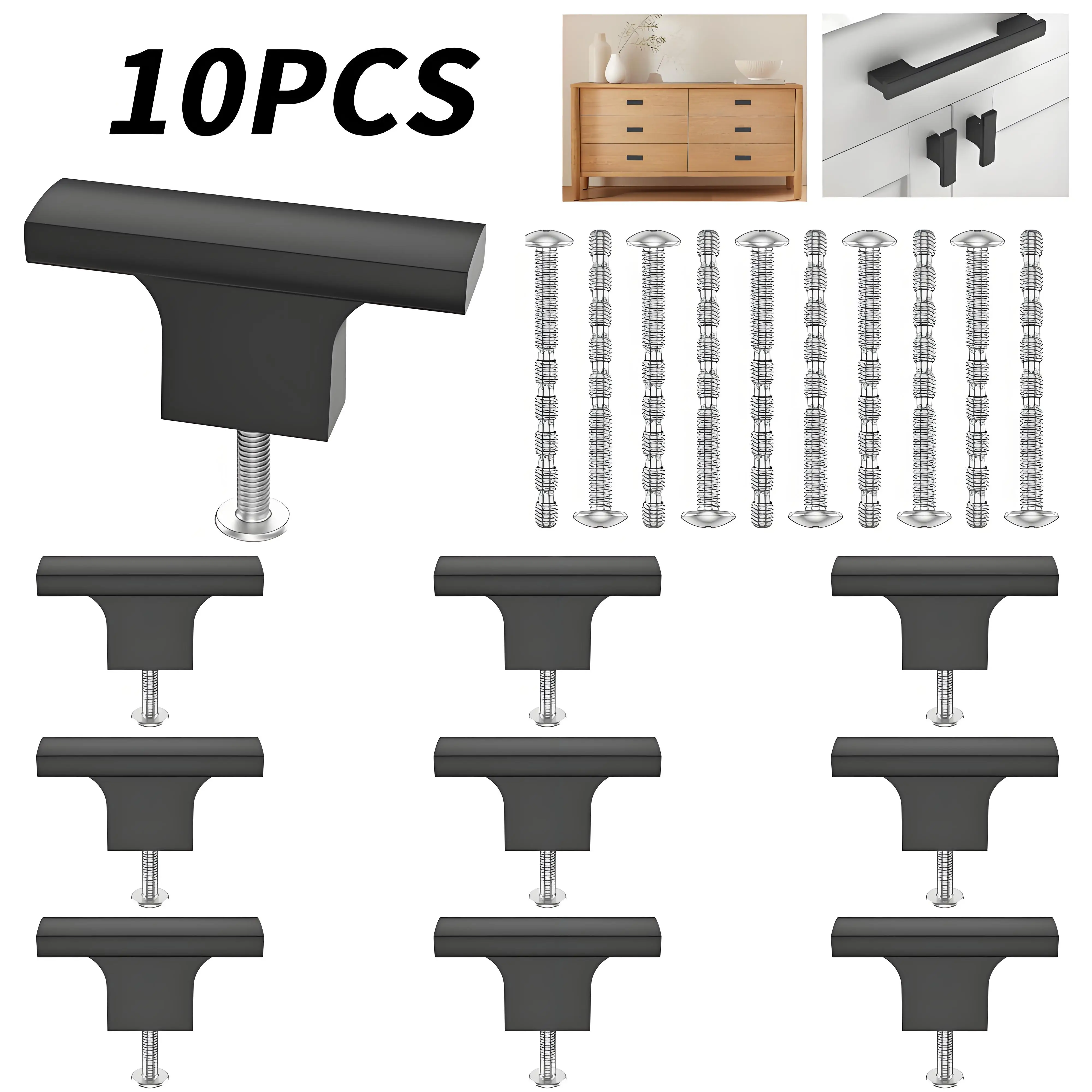 

10Pcs New Black Cabinet Handle T-Shaped Pull Rod Single Hole Stable Support Drawer Knob Comfortable Grip for Home Decor Kitchen