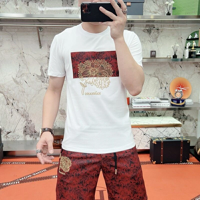 

Men's Summer round Ne ort Sve T-irt orts Set Faion Slim Fit Elastic f Sve Two Piece Set Casual Sportswear