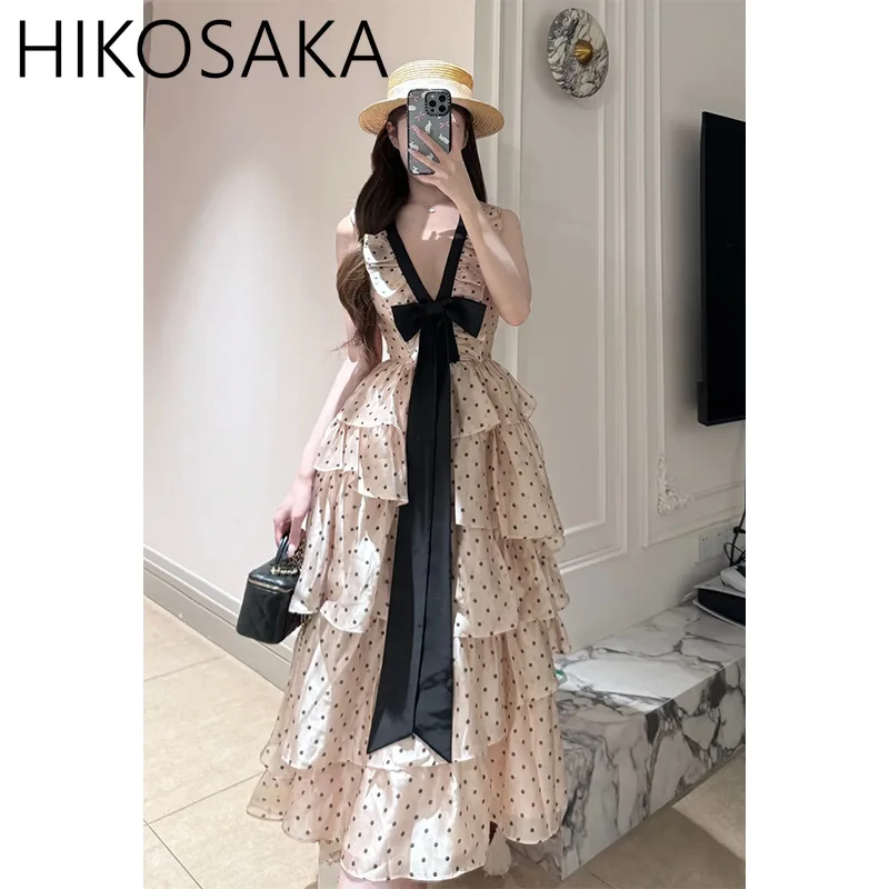 

Lace Up Bow Contrast Color Sweet Sleeveless Robe Female Retro Polka Dot Print Ruffles Patchwork Cake Dress Summer Chic Vestidos