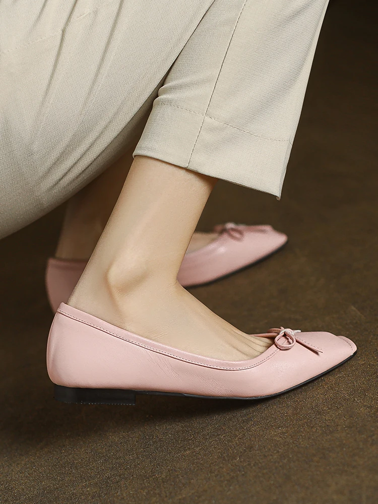 Genuine Leather Square Toe Women Flats Elegant Style Petite Foot Shoes Blue Pink Black Ballet Bowtied Flat Shoes