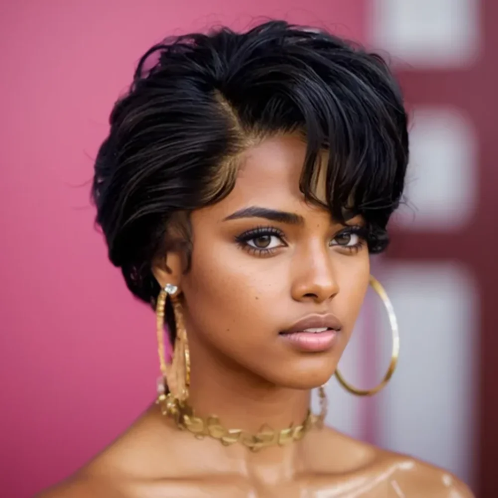 

13x1 T кружево 6 дюймов черный цвет 150% плотность стрижка пикси подарок на день матери парик из человеческих волос повседневный парик для косплея