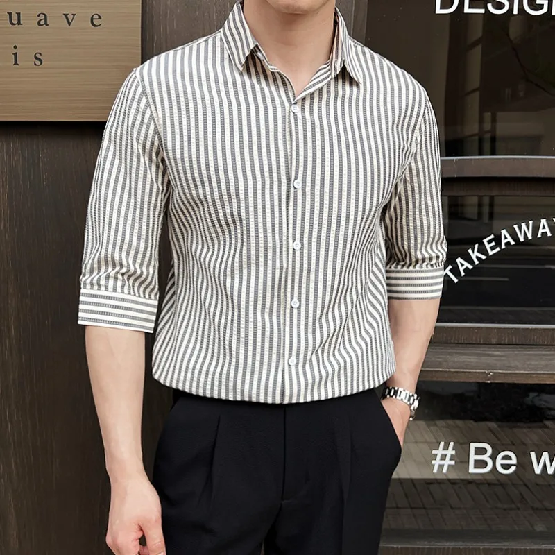 2024 Summer Quarter Sleeved Shirts Men's Classic Stripes Slim Fit Casual Business Formal Dress Shirts Social Office Men Clothing