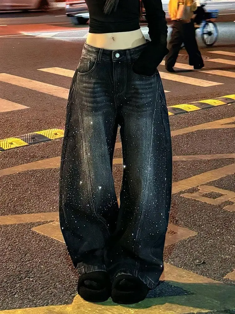 

2026 Vintage Women Rhinestone Jeans Y2k Aesthetic High Waist Grunge Denim Trousers Harajuku Casual Pants Wide Leg Female Spring