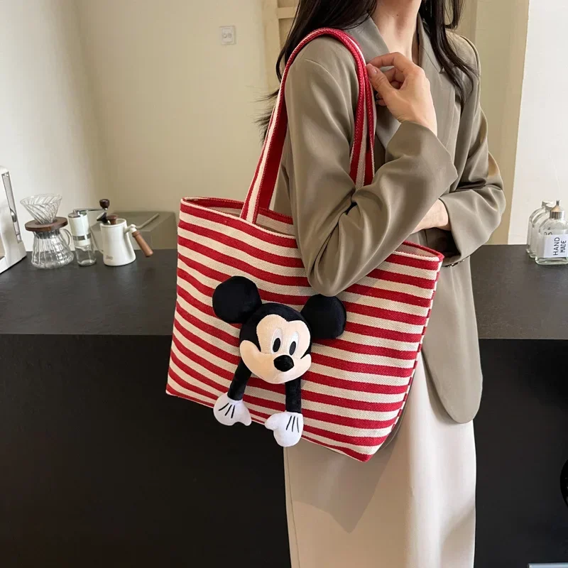 Gestreifte Canvas-Umhängetasche für Damen, süße Tragetasche, Minnie-Handtasche, Disney Mickey Mouse, Schwarz und Weiß, Einkaufen