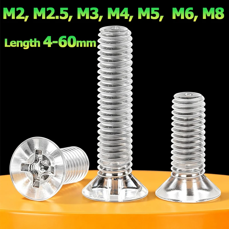 10-50Pc M2 M2.5 M3 M4 M5 M6 M8 Transparent Phillips Countersunk Flat Head Screws PC Plastic Insulated Cross Recessed Nylon Bolts