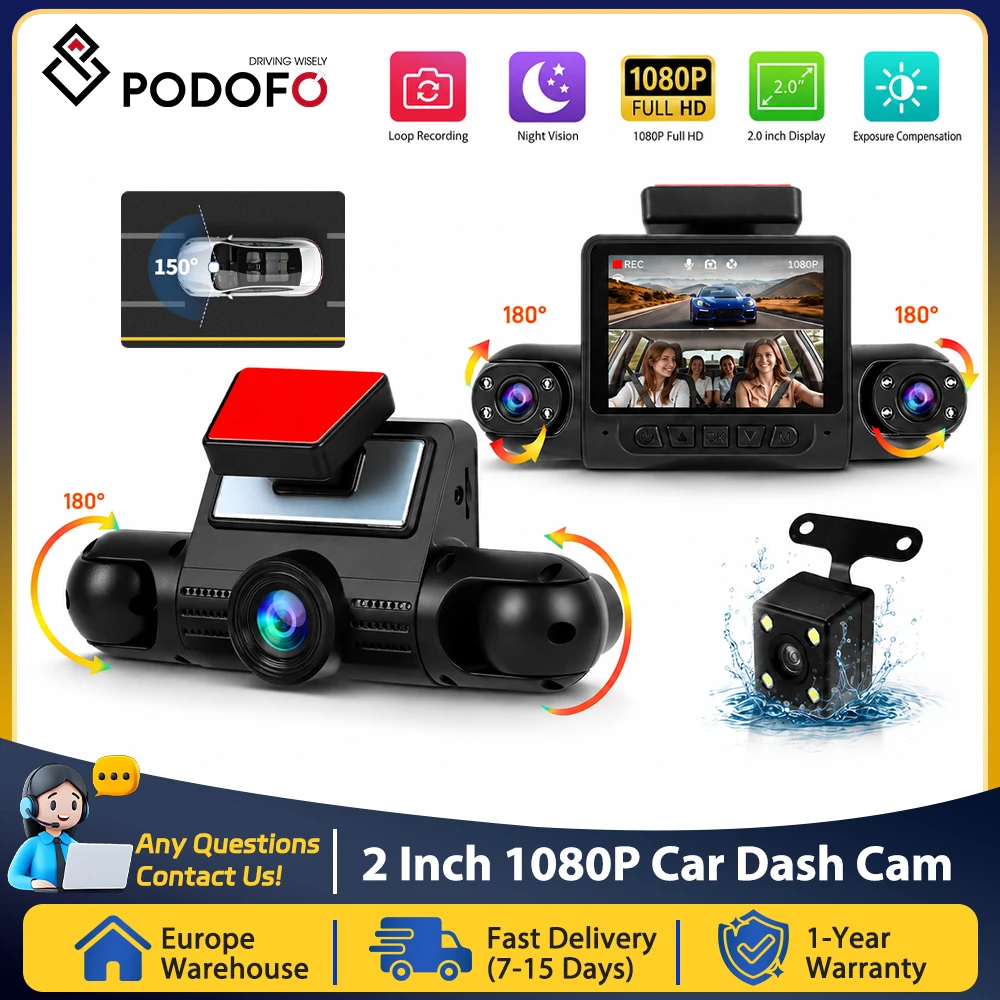 Podofo 2'' Car Dash Cam Four-Channel Car DVR Video Recorder Loop Recording, Exposure Compensation Driving Assistance Car Camera Accessories With 480P Left Interior, Right Interior, and Rear Cameras