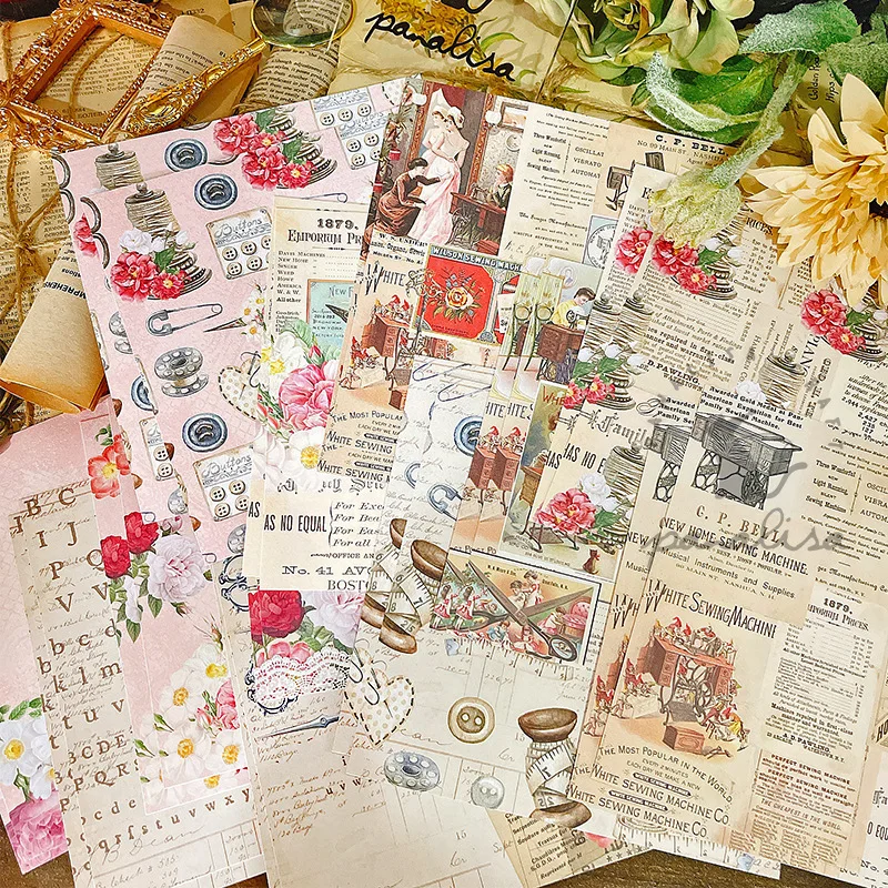 Retro Victorian Lady Sewing Button Thread Flower Printed Cardstock Scrapbooking Sheet Junk Journal DIY Collage Decoupage Album