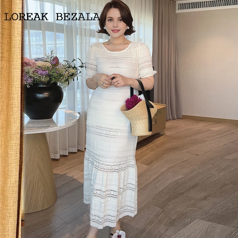 

White Women's knitted dress+inner strap Elastic Spring/Summer dress short sleeved hollow 2-piece set dress