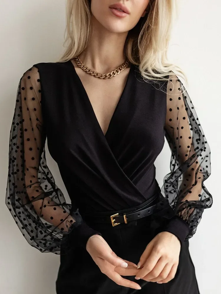 

Spring/Summer Women's Tights Stretch fabric balloon sleeves crossover collar polka dots long sleeves mesh panels