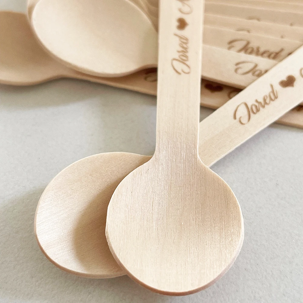 50Pcs Custom Dessert Mini Spoons Wooden Ice Cream Spoons Coffee Stir Drink Stirrers,Kids Party, Birthday Wedding Shower Favors