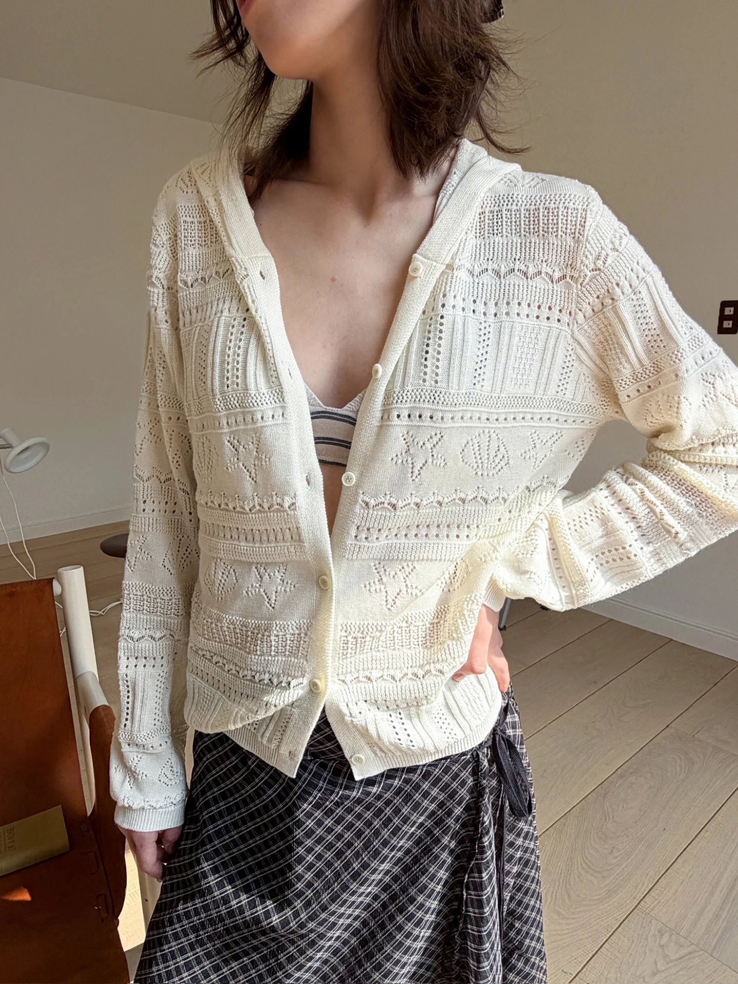 

Nordic Romantic Geometric Crochet Flaxen Feel Vintage Hooded Open Cardigan Women's Summer Wearable Shirt Polyester Blend Knitted