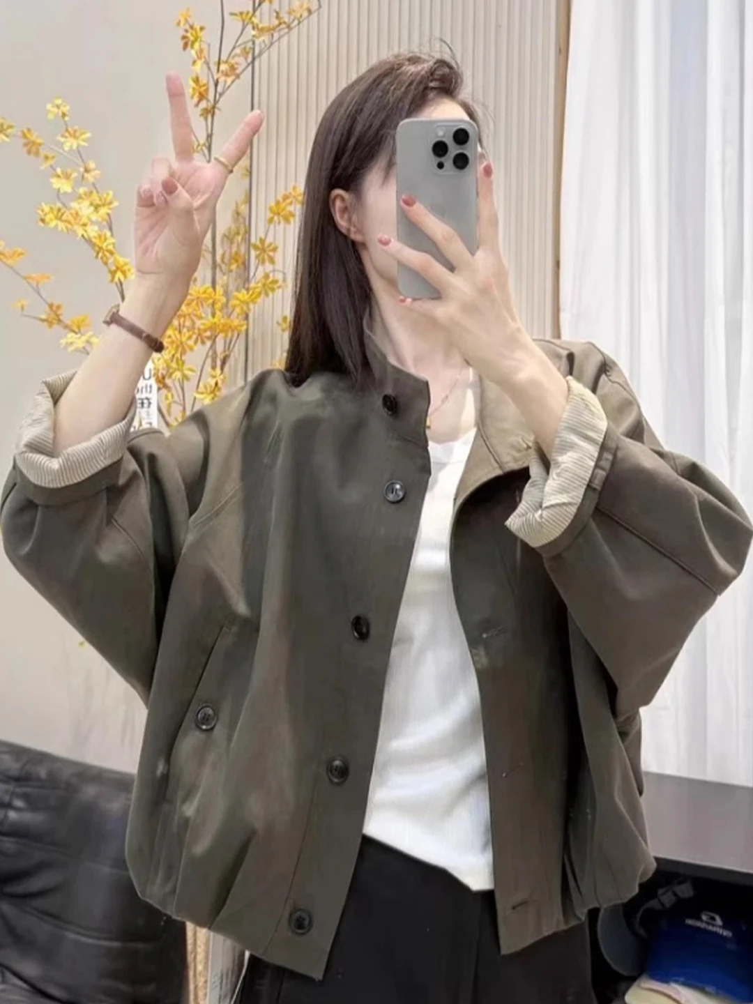 

Women's Stand Collar Jaet Coat ort Casual Loose plus Size Inner Stripe Autumn New Sle Faionable Button ket Design