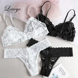 Women Lace Bra Panties Set Nonwire Bralette Sexy Transparent Lingerie Set Female Low Waist G-String Thongs Fashion Underwear