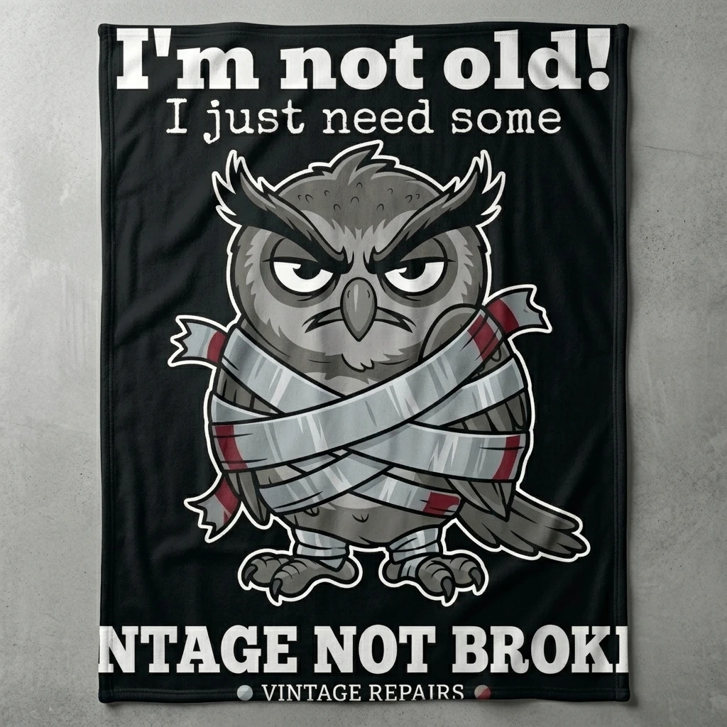 Vintage Repair Owl I'm Not Old Flannel Throw Blanket, Funny Duct‑Taped Vintage Not Broken Owl Soft Cozy Lightweight Home Decor