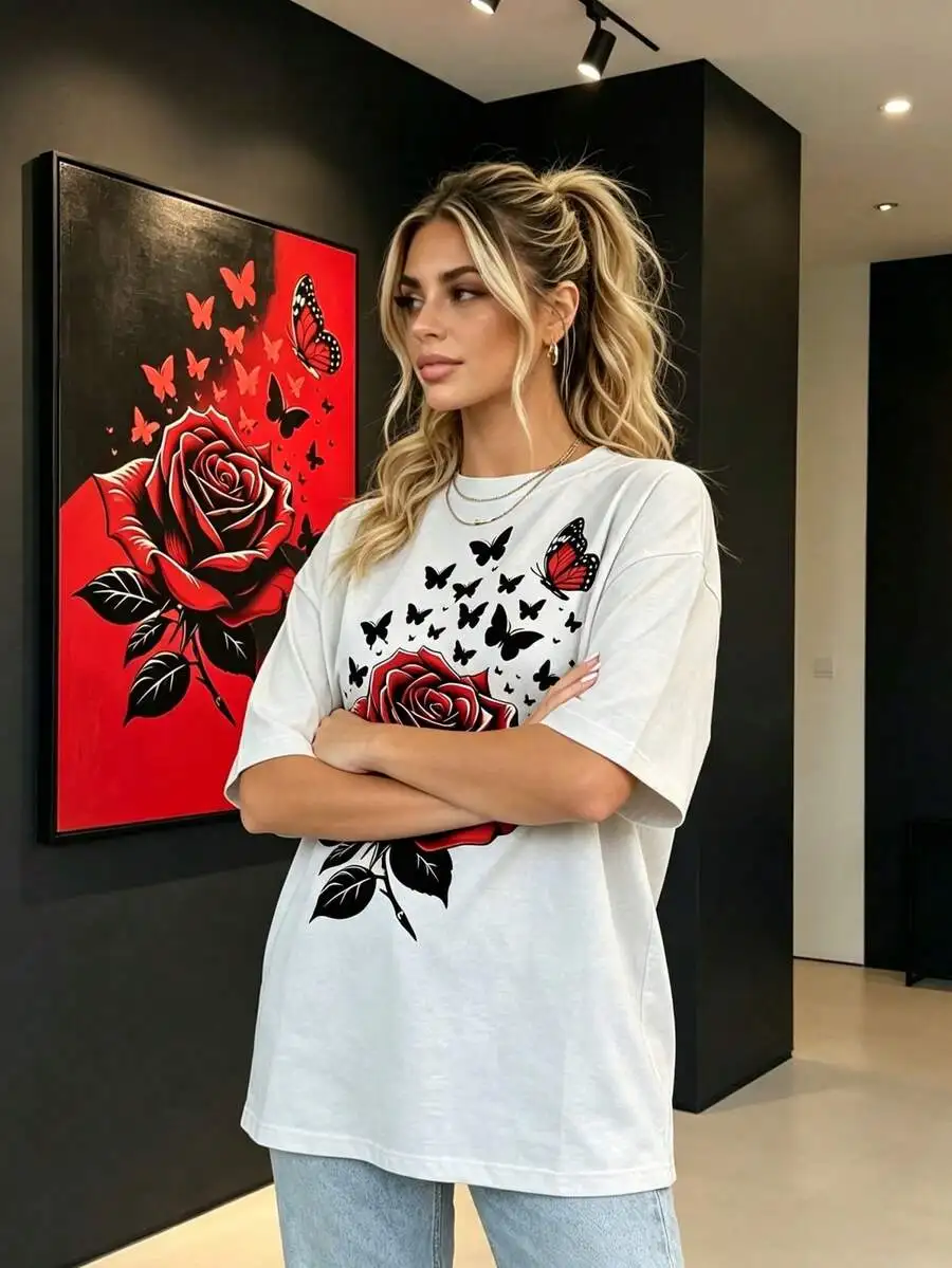 Romantic‑Vibe Women Short‑Sleeve T‑Shirt Crew Neck Red Rose Butterfly Pattern Print Summer Daily Wear Tops