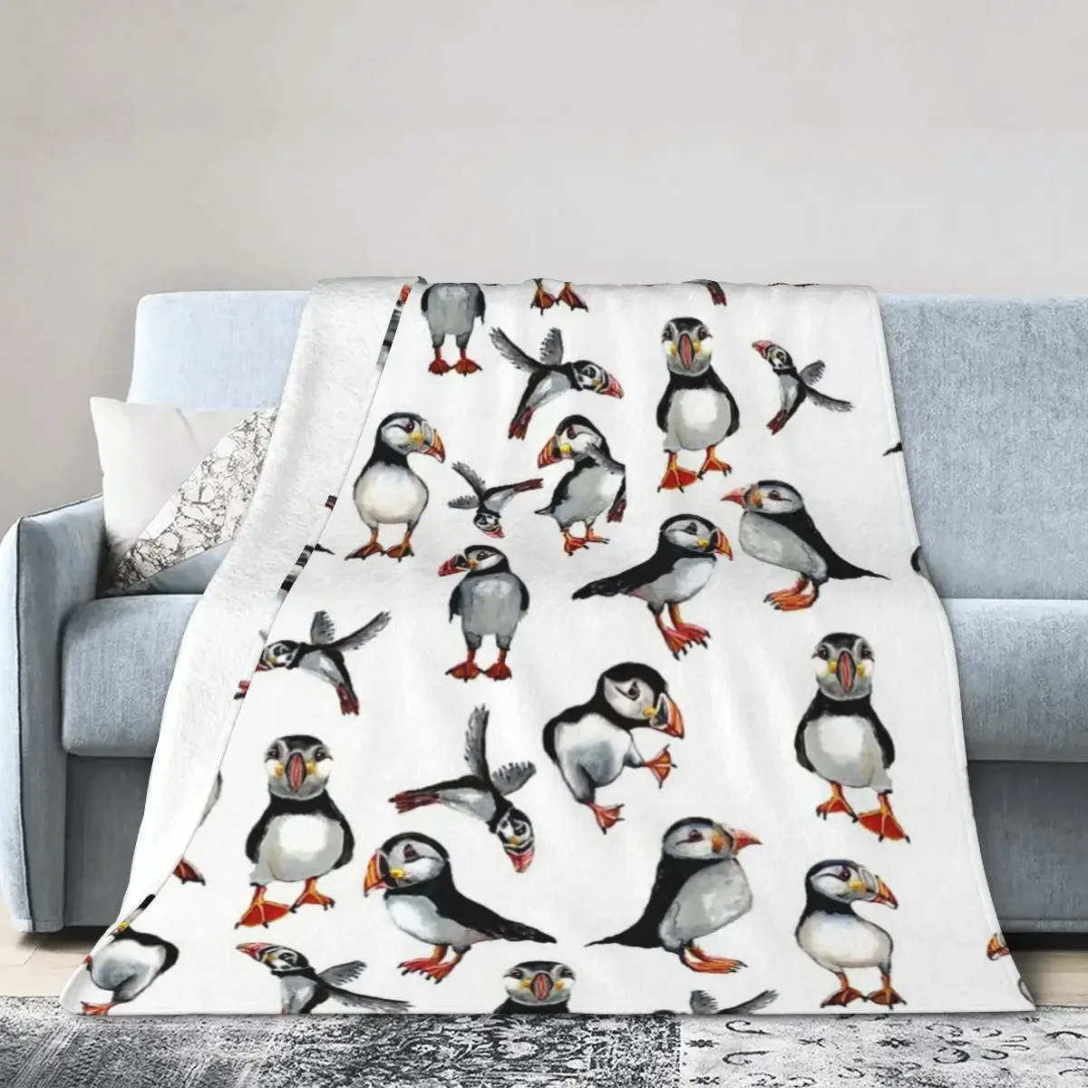 

Flannel Throw Blanket Puffins Pattern Blankets Soft Bedspread Warm Plush Blanket for Bed Living room Picnic Travel Home Couch