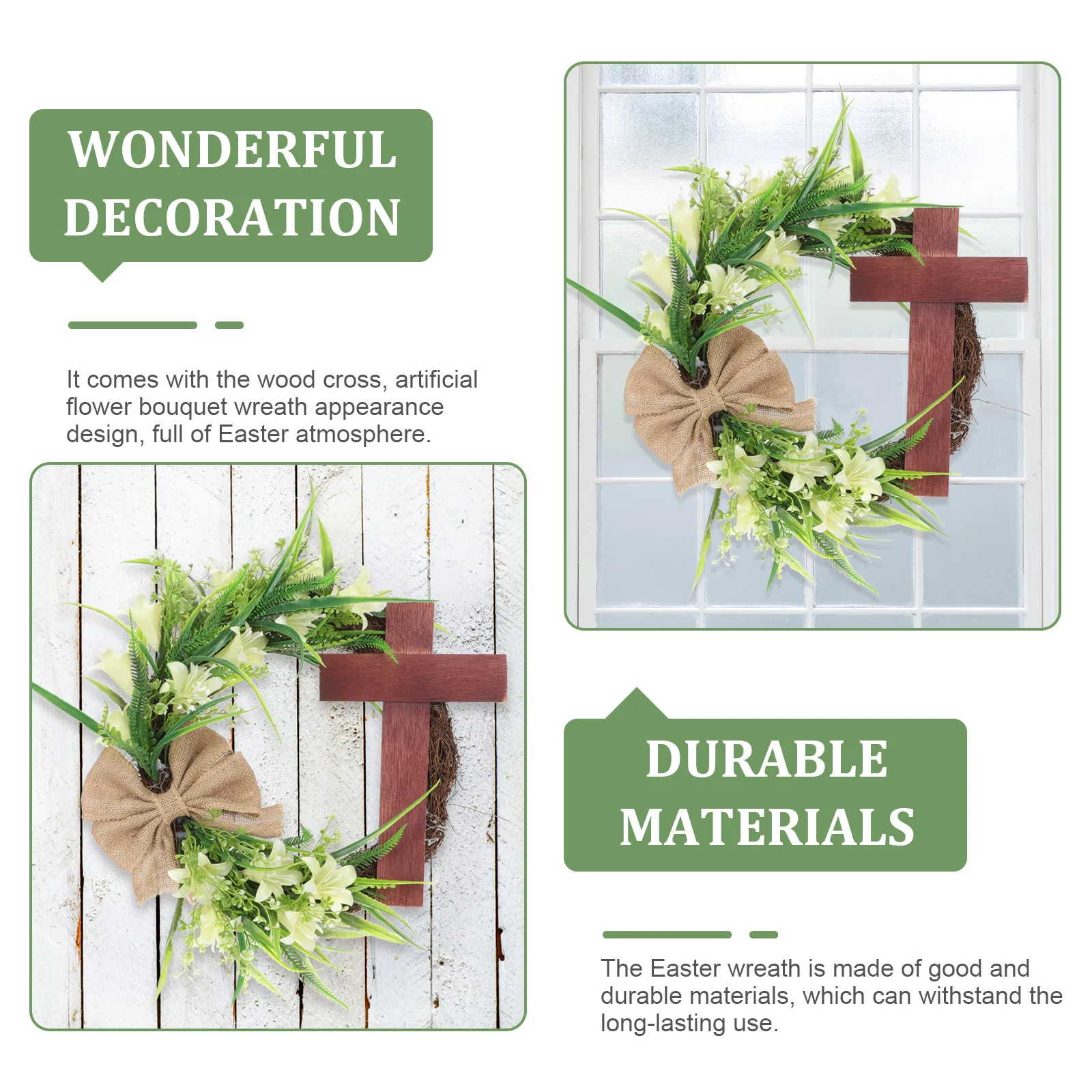 

Easter Wreath for Front Door with Cross Bouquet Wall Hanging Decor Fireplace Stair Railing Festival Scene Ornament Party
