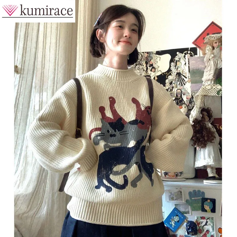 

Vintage Autumn and Winter New Kitten Print Curled Round Neck Sweater Women Lazy Style Knitwear Sweaters for Women Y2k Clothes