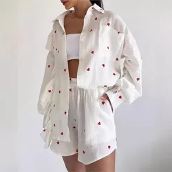 Shorts Set Cotton Ruffle Shirt Shorts Two Piece Set For Women Heart Pattern Long Sleeve Blouse Short With Pocket Female Outfits