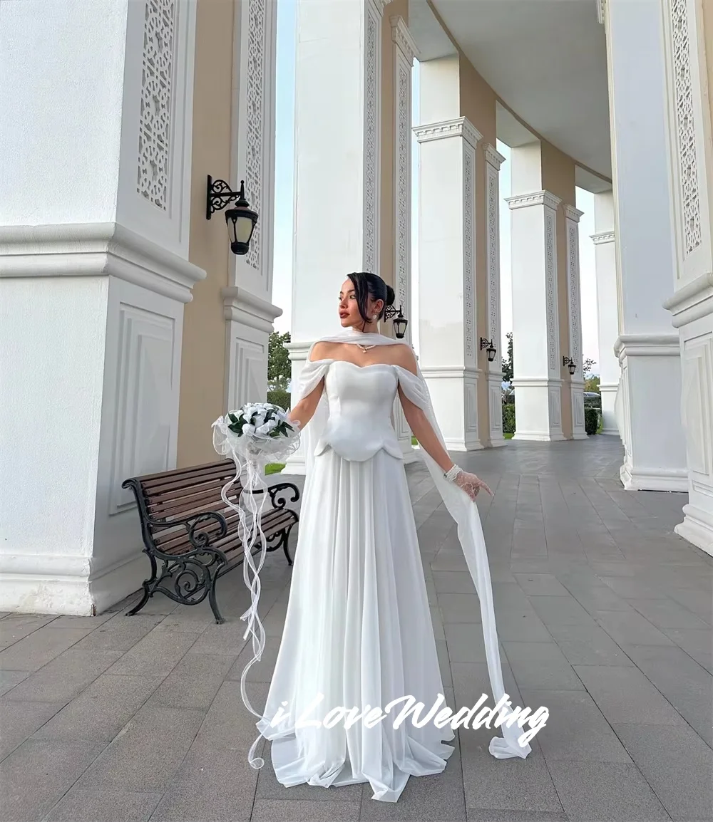 ホワイトプリーツ Aライン ショール付き プロムドレス シンプル オフショルダー ベスティドス デ ノーチェ フロアレングス フォーマル イブニング プリーツ カスタマイズ