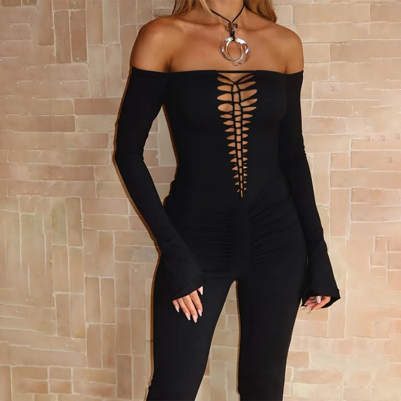 

Sexy Hollow out Long Sve Onesie Women's High Waist Wide Leg Pants Autumn New Arrival Chinese Made Thin Polyester Fabric