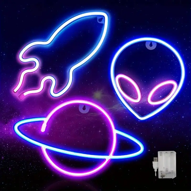 Party Neon Light LED Aliens ET Earth Planet Rocket Led Night Light for Bedroom Decor Neon Sign Wallpaper Christmas Birthday Gift