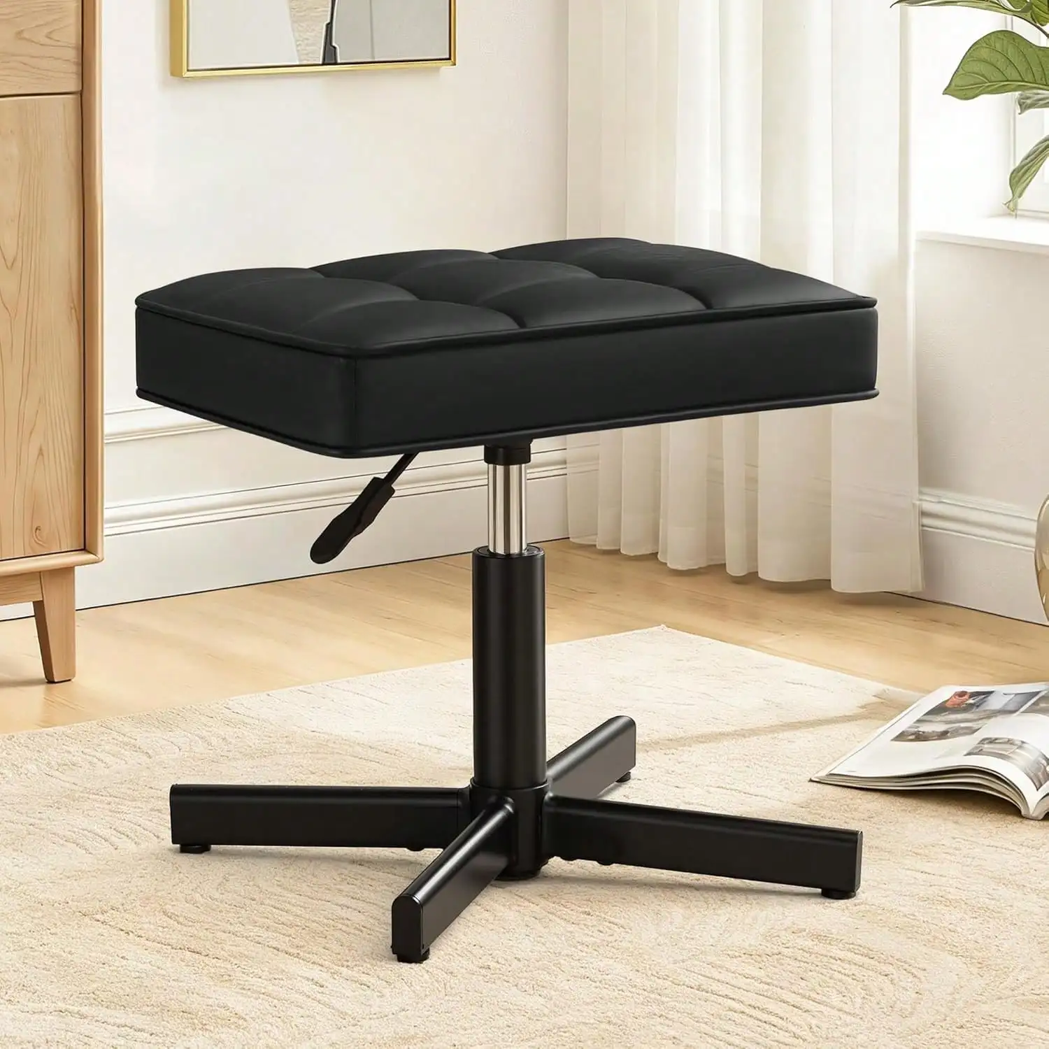 

Регулируемый стул для туалетного столика LUE, подставка для ног под стол, 360° ° Вращающийся стул для туалетного столика, черный, с обивкой из искусственной кожи, Ottom