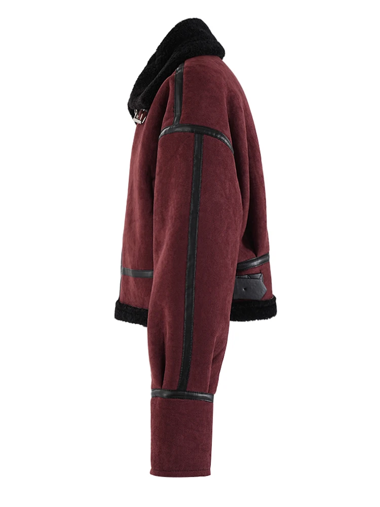 [EAM] chaqueta gruesa y cálida de lana de cordero de ante rojo, abrigo de manga larga con solapa nueva para mujer, moda Otoño Invierno 2024 CPG2386