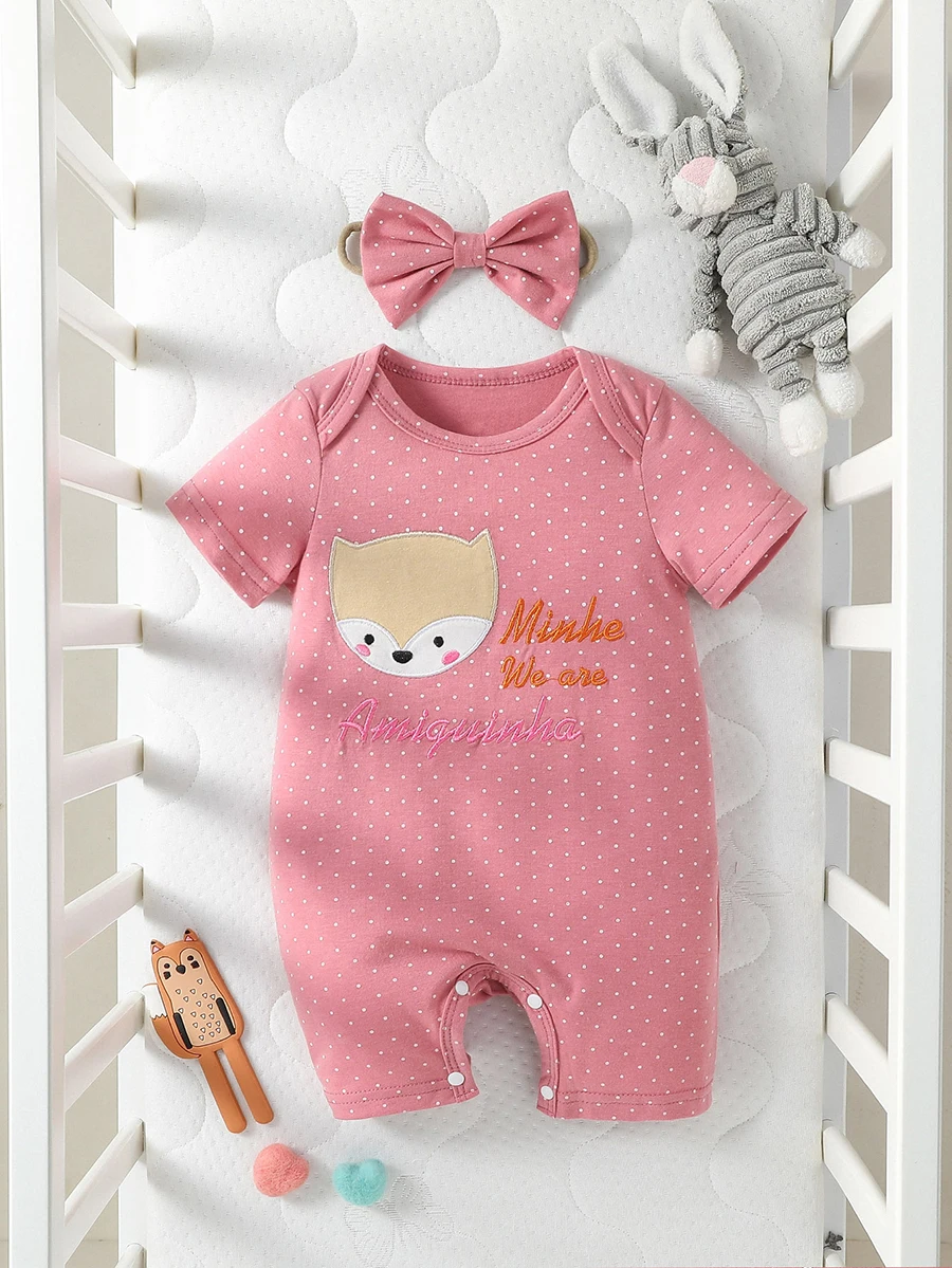 

Baby Girl's Summer Short Sleeve Pink Cartton &Print Letter Cute Jumpsuit For Streetwear+Headband