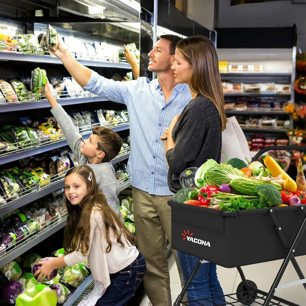 عربة تسوق قابلة للطي بطبقتين مع عجلات، عربة بقالة مقاومة للماء للغسيل والنقل، سعة 150 رطل