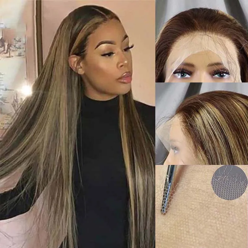 4/27 Gekleurde Hoogtepunt Ombre Rechte Huidachtige HD Kant Pruiken Honing Blonde Kant Voor Braziliaanse Remy Kant Frontale Menselijk haar Pruik