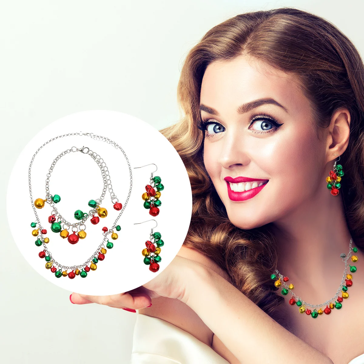 

4Pcs Christmas Jewelry Set Colorful Bell Necklace Bracelet Earrings Festive Xmas Ornament Gift for Parties Dates Gatherings
