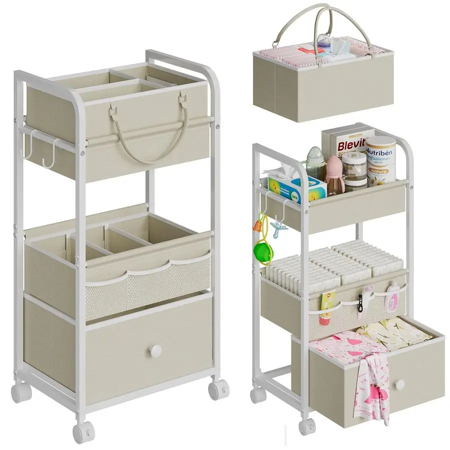 

Baby Diaper Caddy Organizer and Storage, 3 Tier Rolling Cart with Drawer, Detachable Dividers, Mobile Utility Cart Baby Dresser