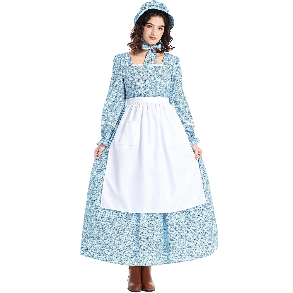 

2024 New Style Prairie Pioneer Clothing Pastoral Style Dress Anime Halloween Costume Blue Floral Colonial Girl