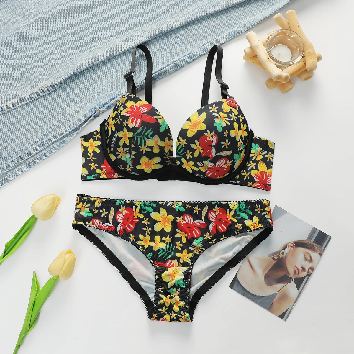 Sexy besticktes Blumen-Unterwäsche-Set für Damen mit Stahlbügel, Push-Up, bequemes, eng anliegendes BH-Set J0124